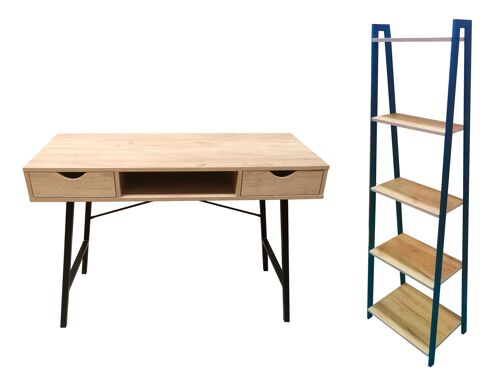 Conjunto mesa escritorio PRICENTON y estantería escalera 5 baldas SHELFI. Para salón, comedor, dormitorio, despacho, escritorio, oficina