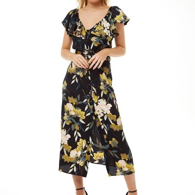 Liquorish Belted Midi Dress with Off Shoulder Sleeves in Navy Floral Print