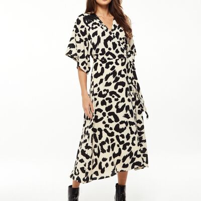 Liquorish Animal Print Maxi Wrap Dress with Kimono sleeves in White