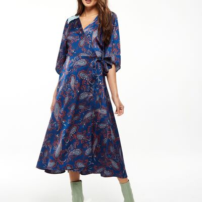 Liquorish Navy Based Floral Print Maxi Wrap Dress with Blue Lace Details