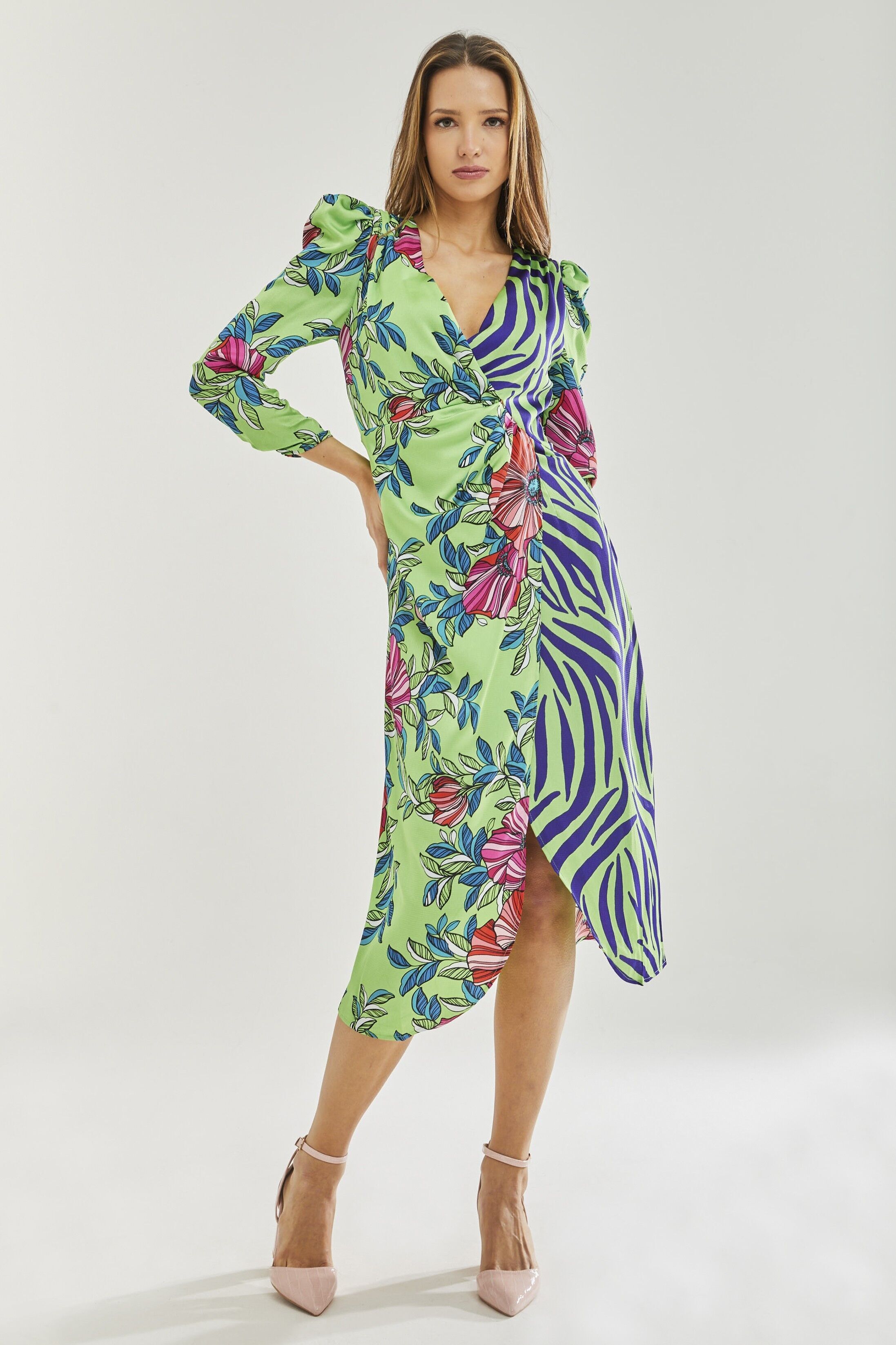 Liquorish Midi Dress in Floral and Animal Contrast Print with Waist Wrap Detail