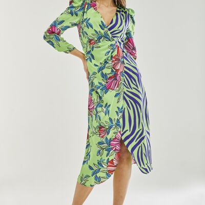 Liquorish Midi Dress in Floral and Animal Contrast Print with Waist Wrap Detail