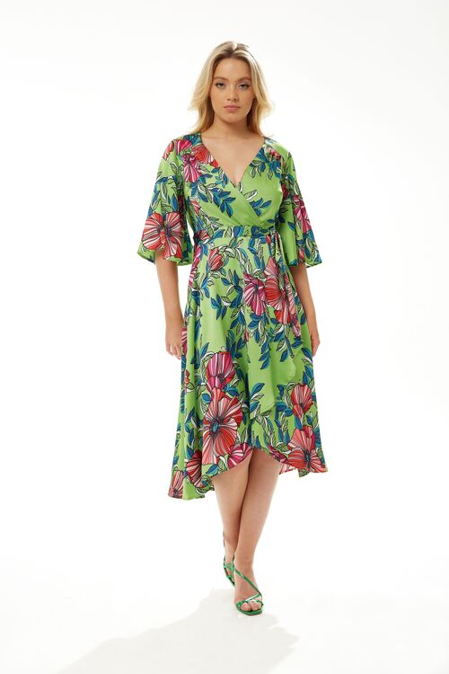 Liquorish Pink Floral Midi Wrap Dress with Kimono Sleeves in Green