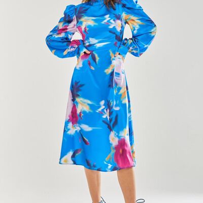 Robe mi-longue en satin bleu marine à fleurs découpées dans le dos