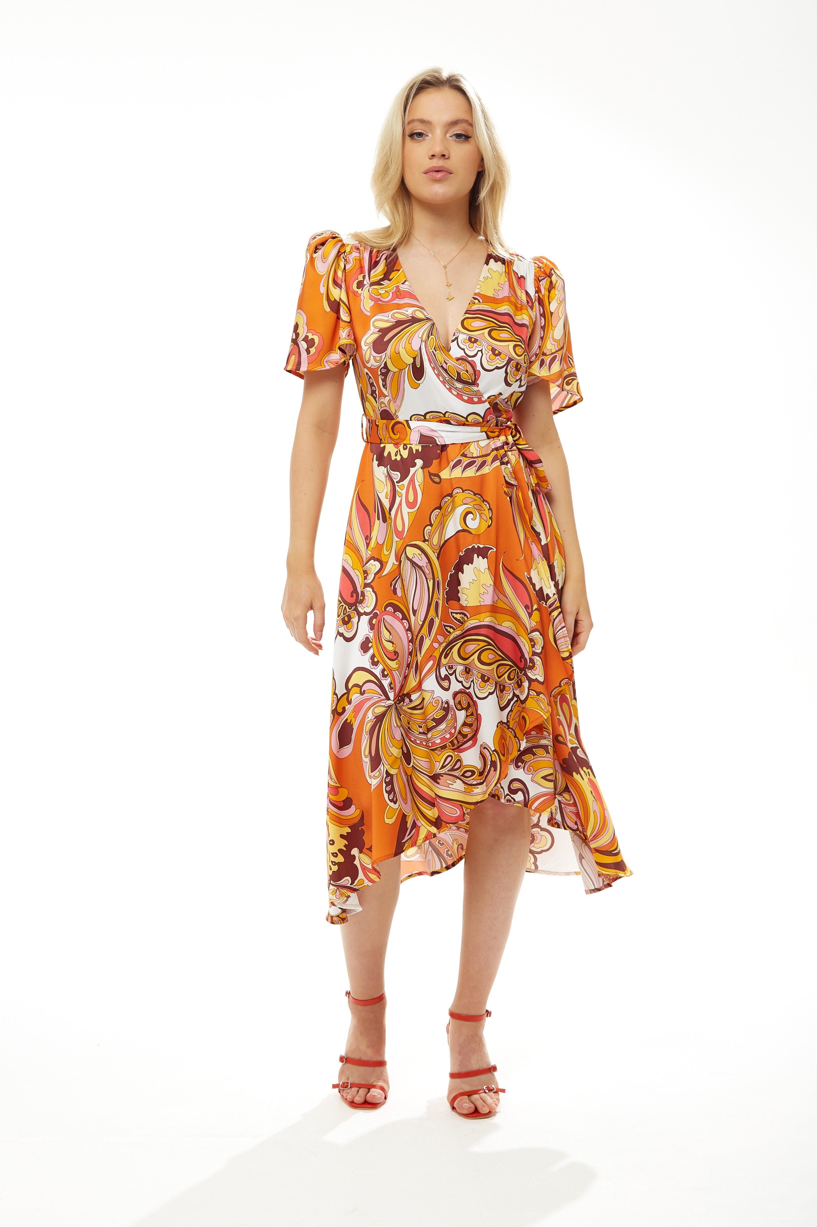 LIQUORISH FAKE MIDI-WICKELKLEID IN ORANGE BLUMEN