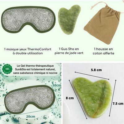 Máscara de ojos de piedra de jade verde y kit GuaSha - Termoterapia - Herramienta de elevación - Masaje facial y accesorio de relajación