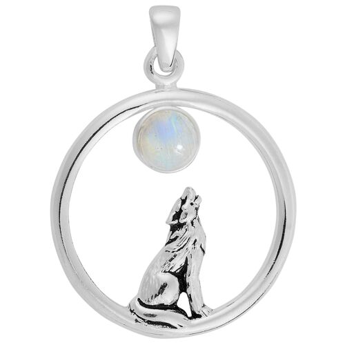 Rainbow Moonstone Howling Wolf Pendant