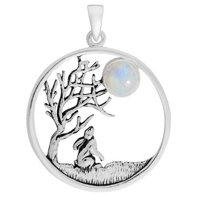 Rainbow Moonstone Tree of Life Moon Gazing Hare Pendant