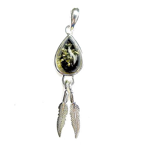 Green Amber Teardrop Feather Pendant