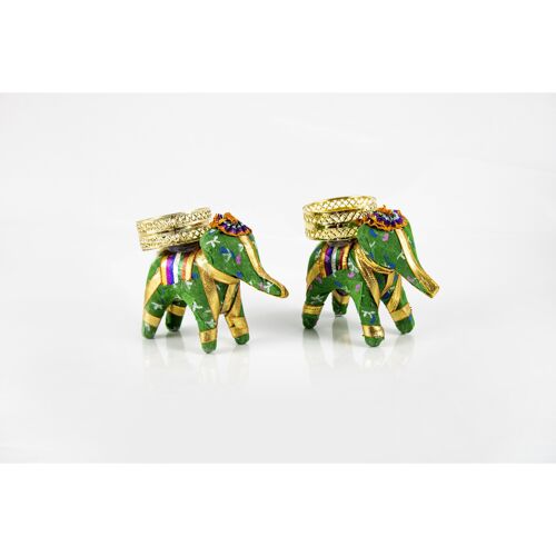 Handmade elephant tea light candle holder set - green  (2 in a set)