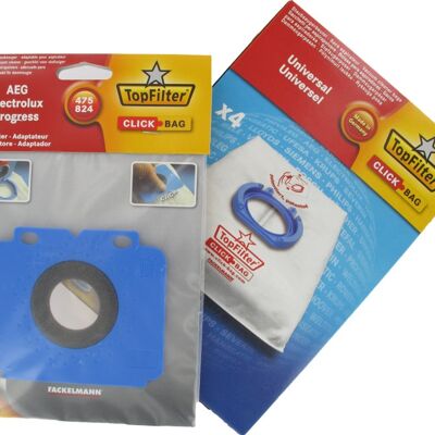 Box of 4 Top Filter universal vacuum cleaner bags with Click Bag adapter for AEG 475/824 vacuum cleaners