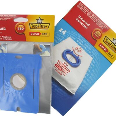 Confezione da 4 sacchetti per aspirapolvere universali Top Filter con adattatore Click Bag per aspirapolvere AEG 480