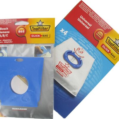 Box of 4 Top Filter universal vacuum cleaner bags with Click Bag adapter for Siemens and Bosch 840 vacuum cleaners