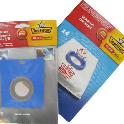 Box of 4 Top Filter universal vacuum cleaner bags with Click Bag adapter for Siemens and Bosch 870 vacuum cleaners