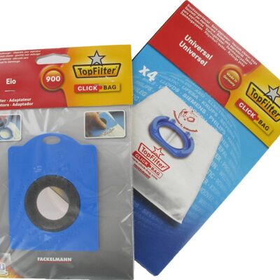 Box of 4 Top Filter universal vacuum cleaner bags with Click Bag adapter for Elio vacuum cleaners