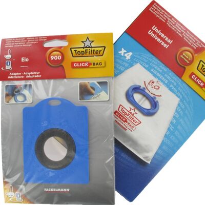 Box of 4 Top Filter universal vacuum cleaner bags with Click Bag adapter for Elio vacuum cleaners