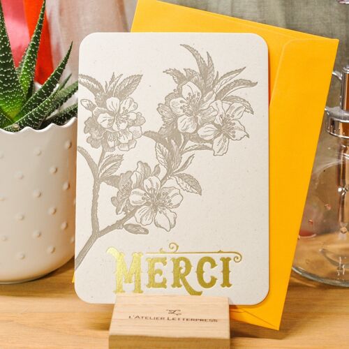 Carte Letterpress Merci Fleur de Pommier (avec enveloppe), or, jaune, vintage, papier recyclé épais