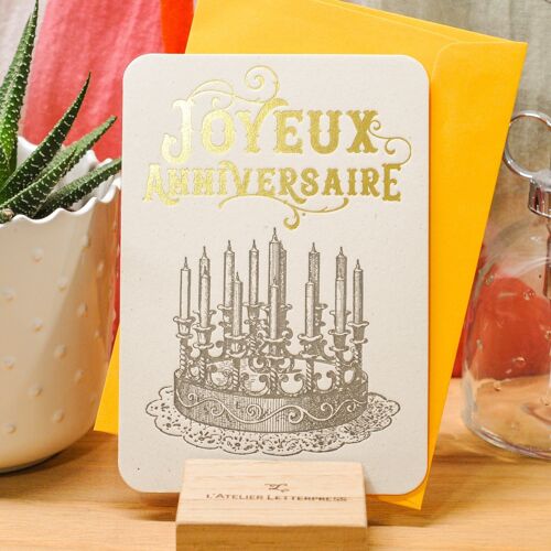 Carte Letterpress Gâteau Joyeux Anniversaire (avec enveloppe), or, jaune, vintage, papier recyclé épais