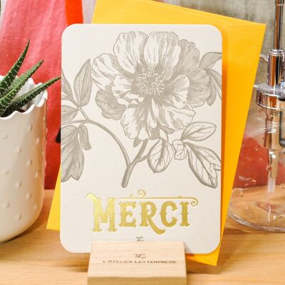 Carte Letterpress Rose Sauvage Merci (avec enveloppe), fleur, or, jaune, vintage, papier recyclé épais