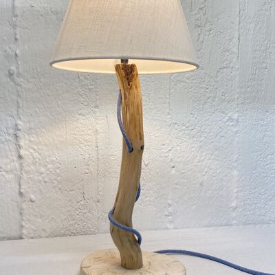 Lampe bois, câble bleu ciel, abat-jour blanc, socle bois debout