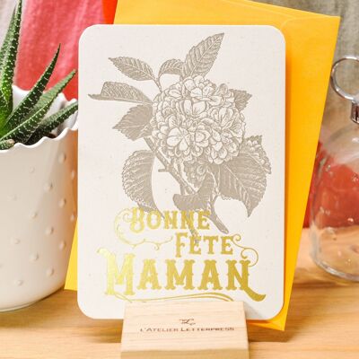Bonne Fête Maman Hydrangea Letterpress card (con busta), festa della mamma, oro, giallo, vintage, carta riciclata spessa, Letterpress