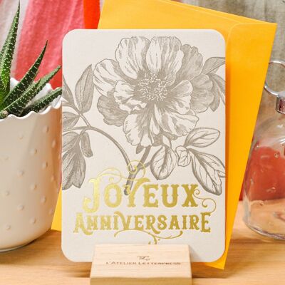 Wild Rose Happy Birthday Letterpress Card (con sobre), flor, oro, amarillo, vintage, papel grueso reciclado