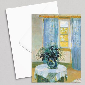Salon avec rideaux lilas et clématites bleues - Anna Ancher - Carte de voeux 1