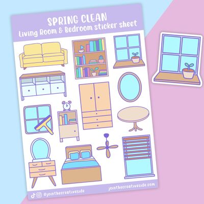 Living Room & Bedroom Spring Clean Vinyl Sticker Sheet, Planner Stickers