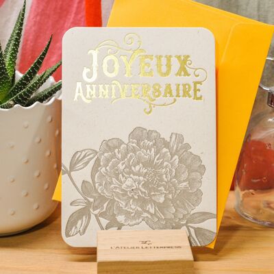 Peony Happy Birthday Letterpress Card (con sobre), flor, oro, amarillo, vintage, papel grueso reciclado