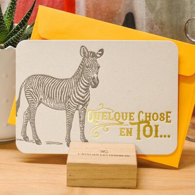 Zebra Letterpress Card (with envelope), gold, yellow, vintage, heavyweight recycled paper