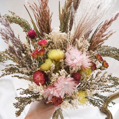 Bouquet of pink, lime green and ivory dried flowers "Cashmere collection" n° 22.