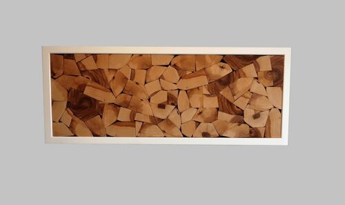 Wandbild Holzmosaik Holz Naturholz weißer Rahmen