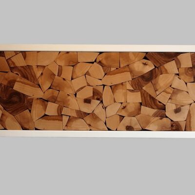 Wandbild Holzmosaik Holz Naturholz weißer Rahmen