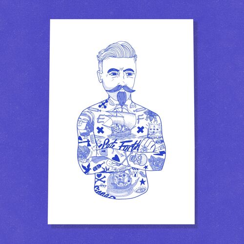 Blue tat man risograph