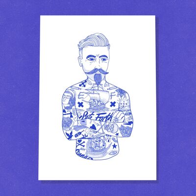 Impresión artística risográfica 'Tat Man' azul Impresión artística, 29.7 cm x 42 cm