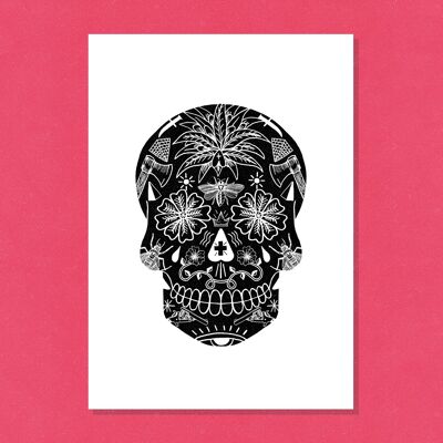 Black and white Mexican Tattoo skull Art Print, 29.7cm x 42cm