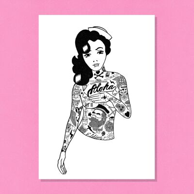 Impression d'art numérique A3 Aloha Tattoo Girl en noir et blanc, 29.7 cm x 42 cm