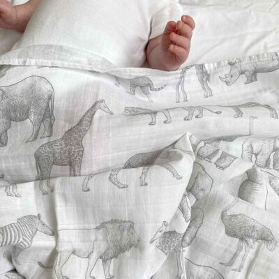 Organic Muslin Swaddle Blanket - Monochrome Safari