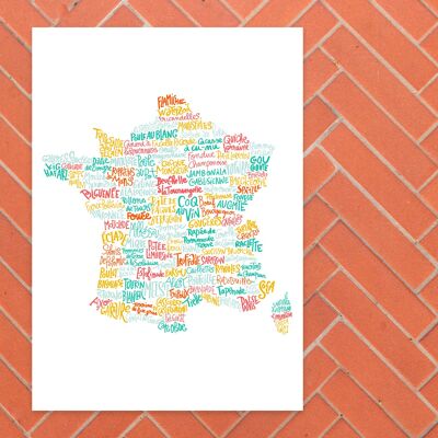 Karte von Frankreich mit kulinarischen Spezialitäten / 30 x 40 cm