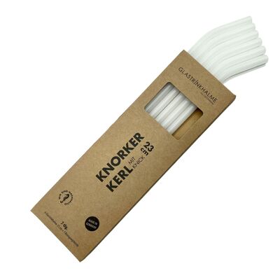 10 white glass drinking straws family ties "Knorker Guy with Kink" (23 cm) + cleaning brush