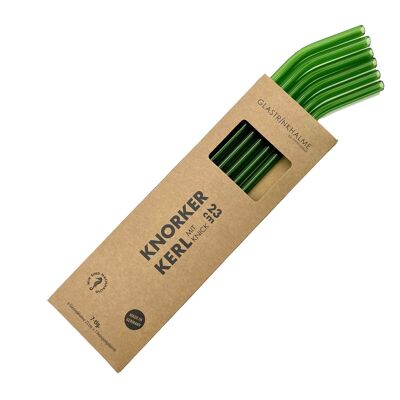 10 green glass drinking straws family ties "Knorker Guy with Kink" (23 cm) + cleaning brush