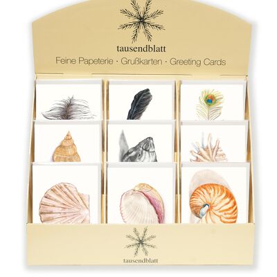 Expositor de mostrador para tarjetas de felicitación, conchas y plumas