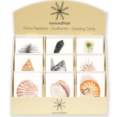 Counter display for greeting cards shells and feathers