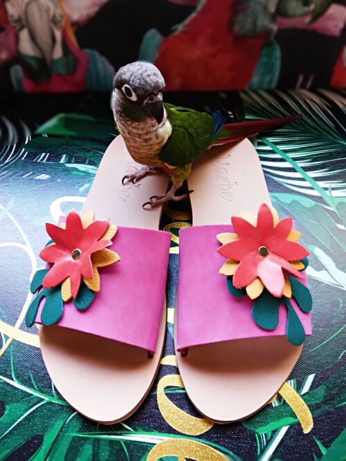 Fashion-forward slides ,Flat Leather Sandal : Greek Tropical Parrot
