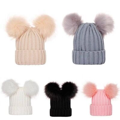 Double Hairball Solid Color Baby Pompom Cap , SKU617