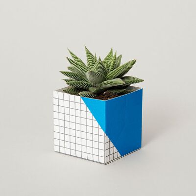 Geometric Plant Pot Cover – Small - Blue / Grid