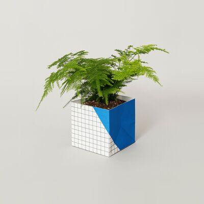 Geometric Plant Pot Cover – Large - Blue / Grid