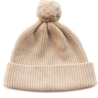 Lambswool ribbed pom pom hat oatmeal