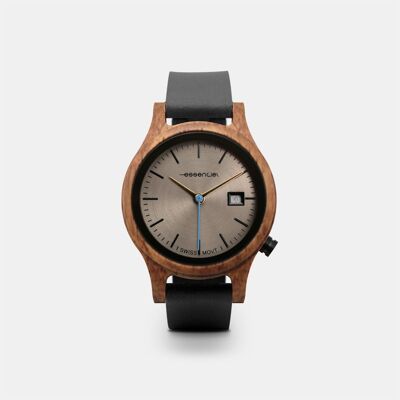 Women's wooden and black leather watch - CHESTNUT