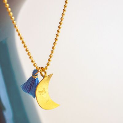 Collier Pendentif Lune x pompon bleu